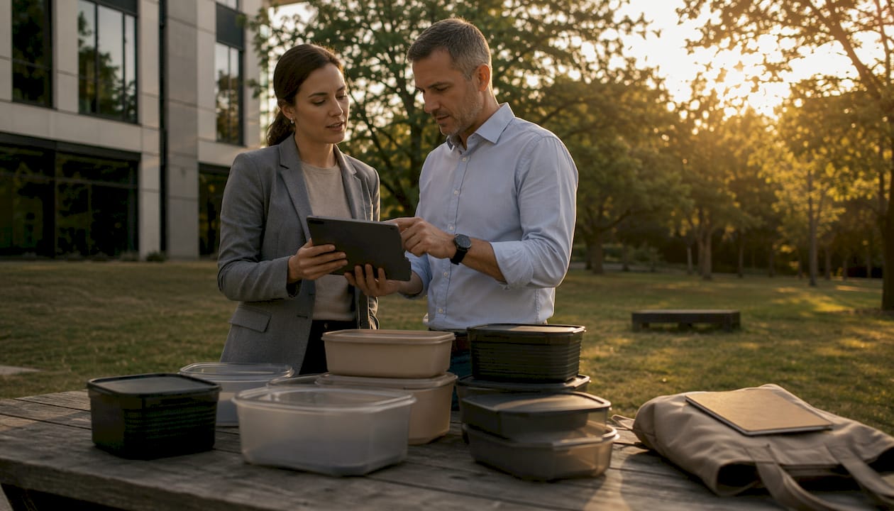 Colleagues discuss reusable packaging logistics outdoors