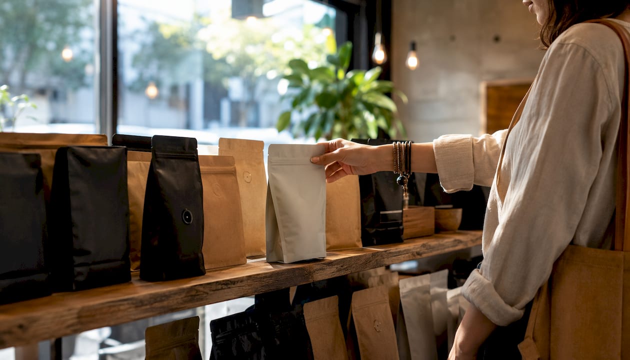 Close-up of various coffee bag styles on shelf