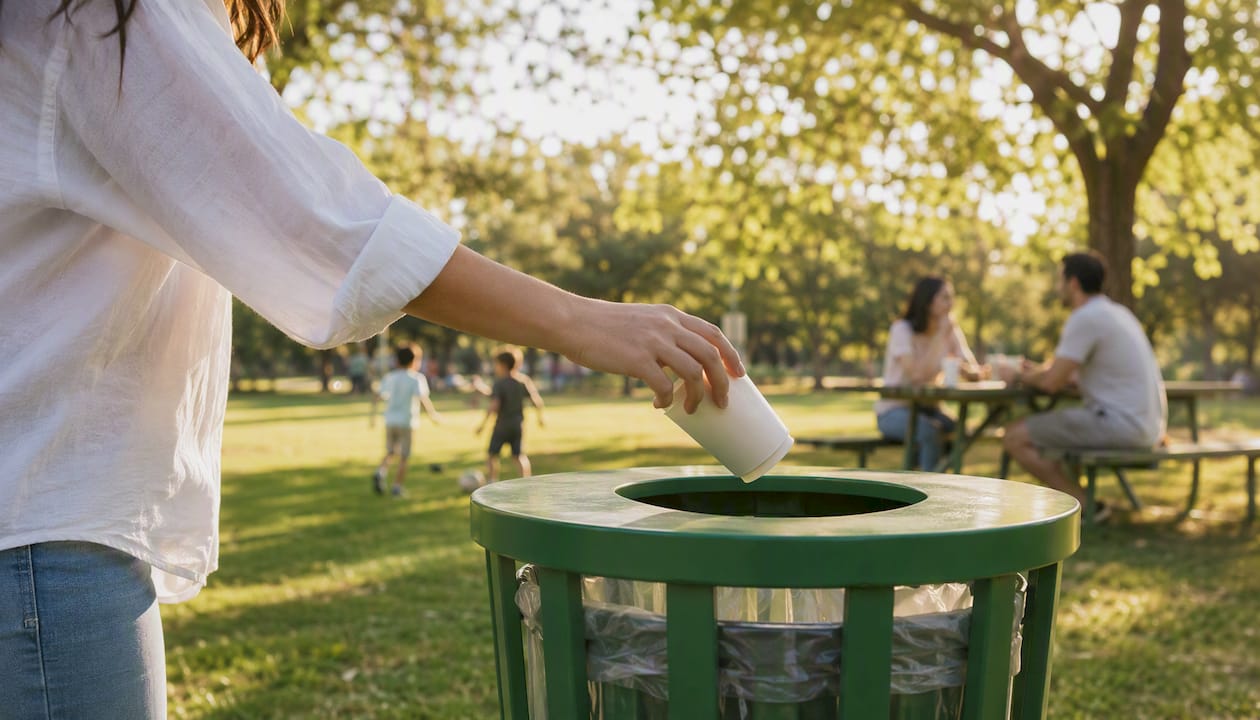 Hand depositing paper cup into recycling bin