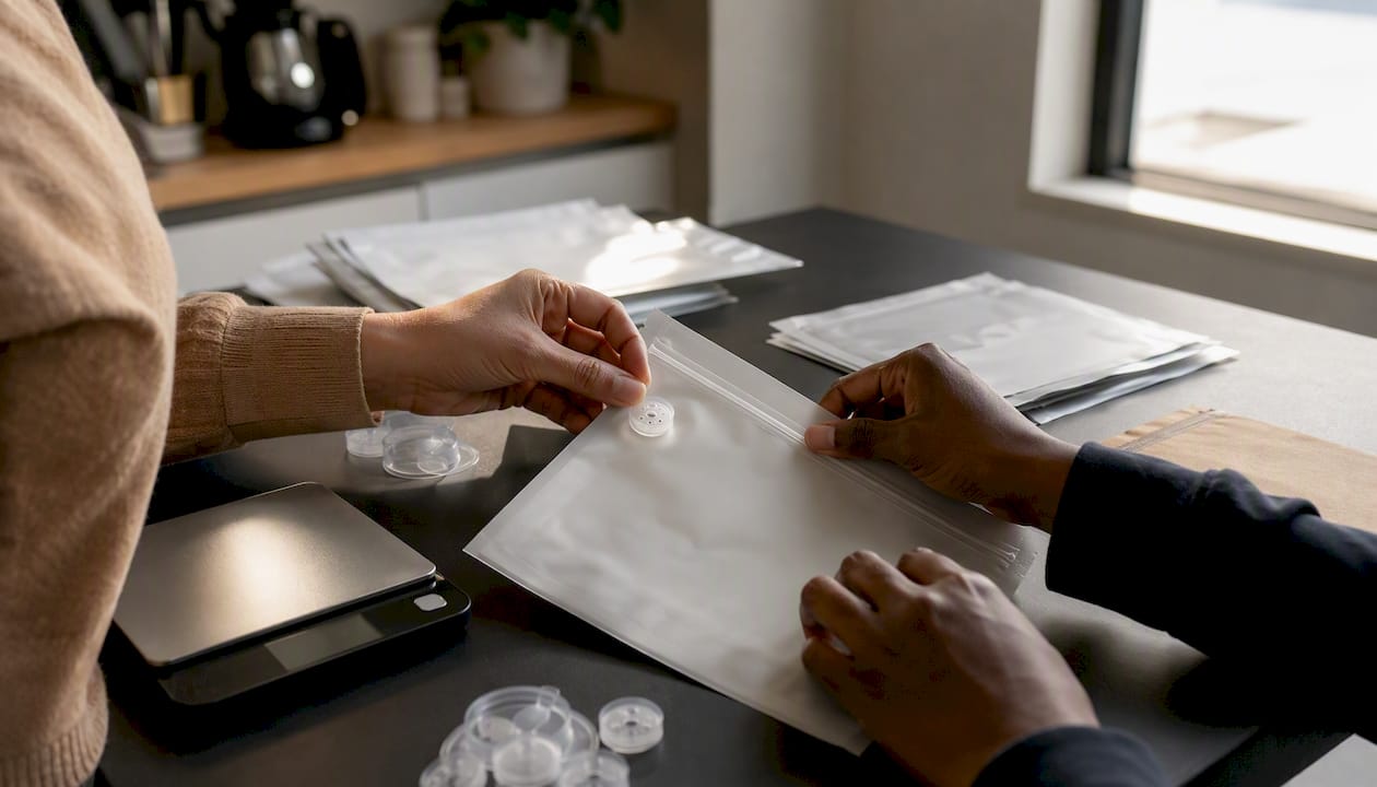 Hands assembling recyclable coffee bag features