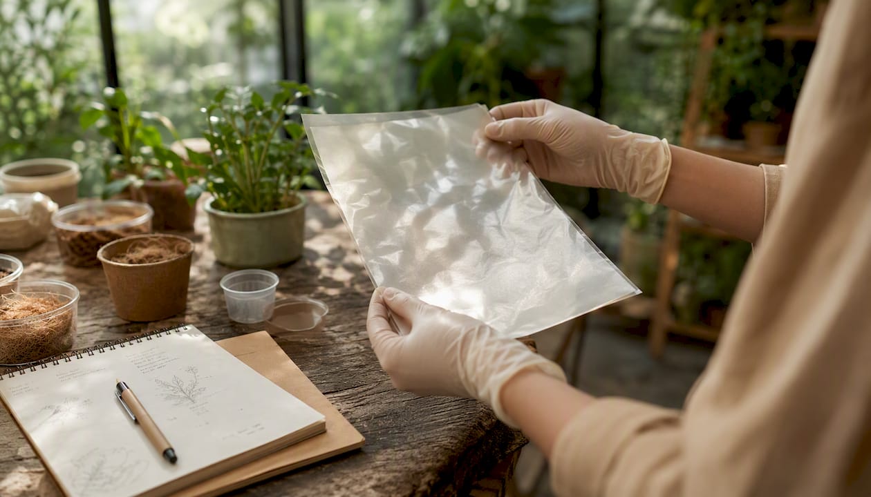 Hands holding compostable PLA film in lab environment