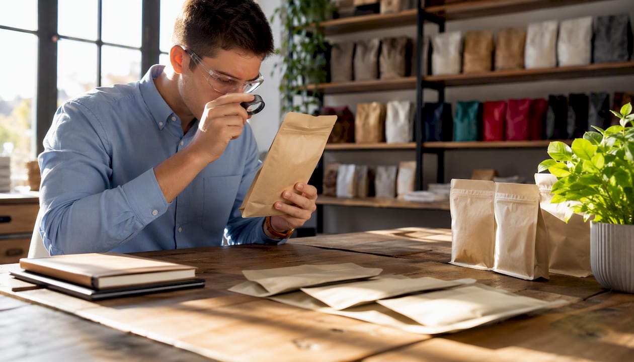 Technician inspecting printed compostable coffee bags in print shop