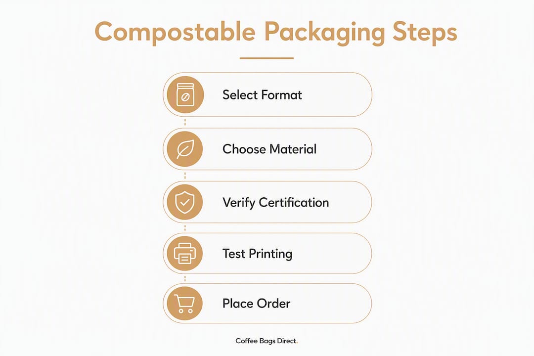 Infographic showing steps for compostable coffee packaging selection