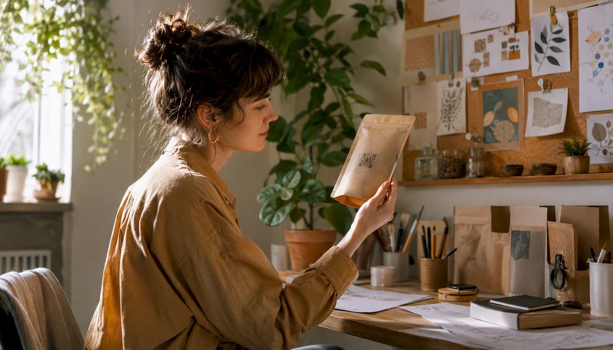Designer examining eco-friendly variable data packaging