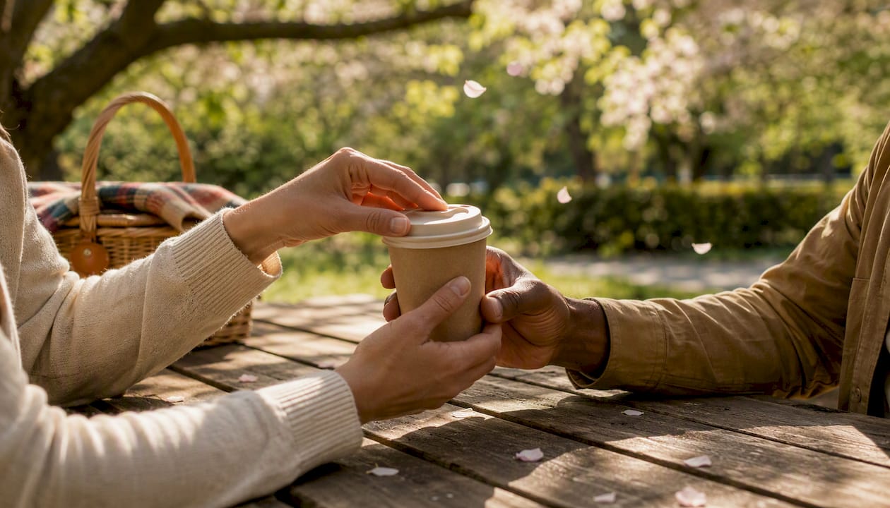 Hands fitting compostable lid on paper cup