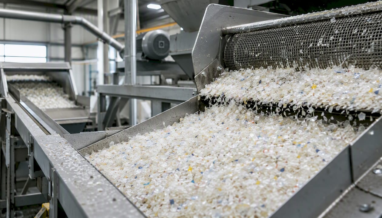 Conveyor with shredded soft plastics flakes in recycling plant