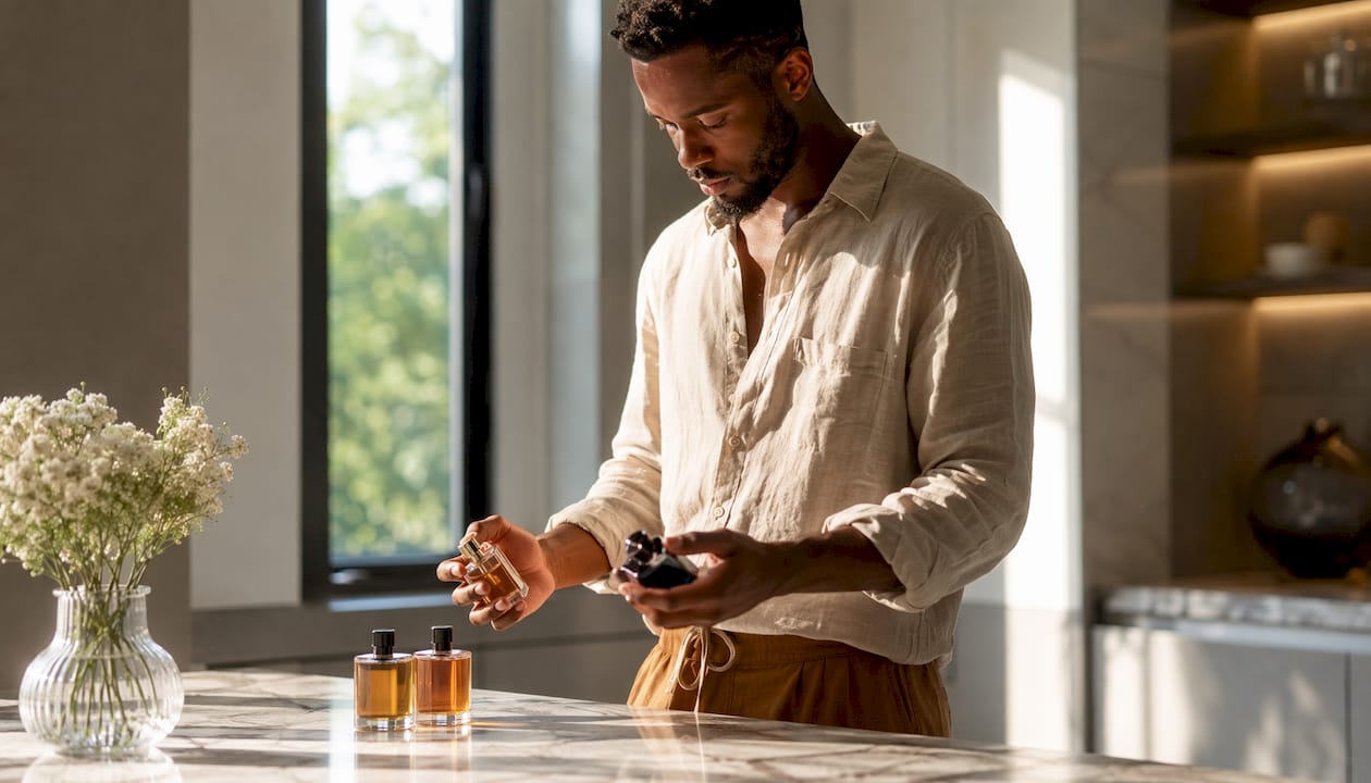 Man choosing perfume from shelf at home