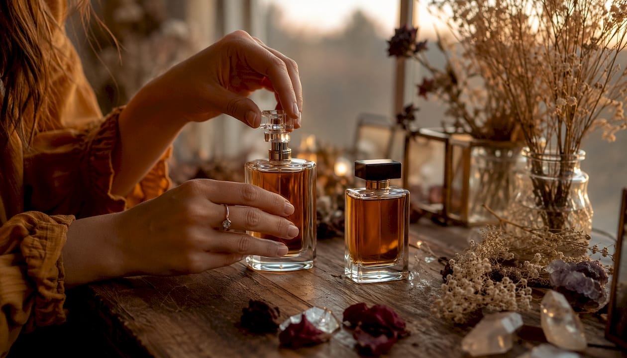 Hand holding EDP perfume bottle on vanity