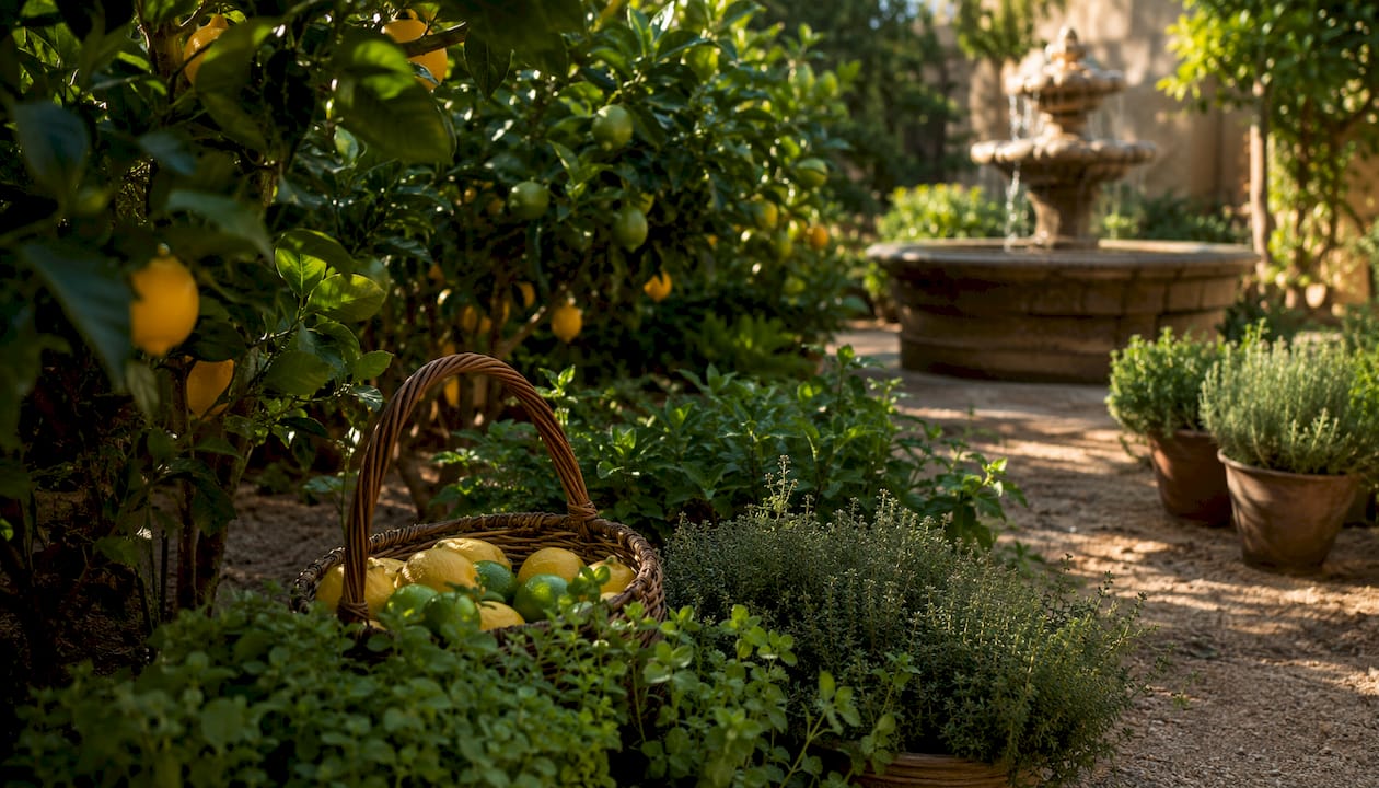 Fresh citrus and herb ingredients on countertop