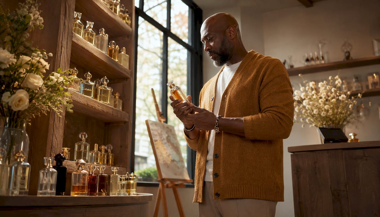 Shopper examining gender neutral perfume bottle