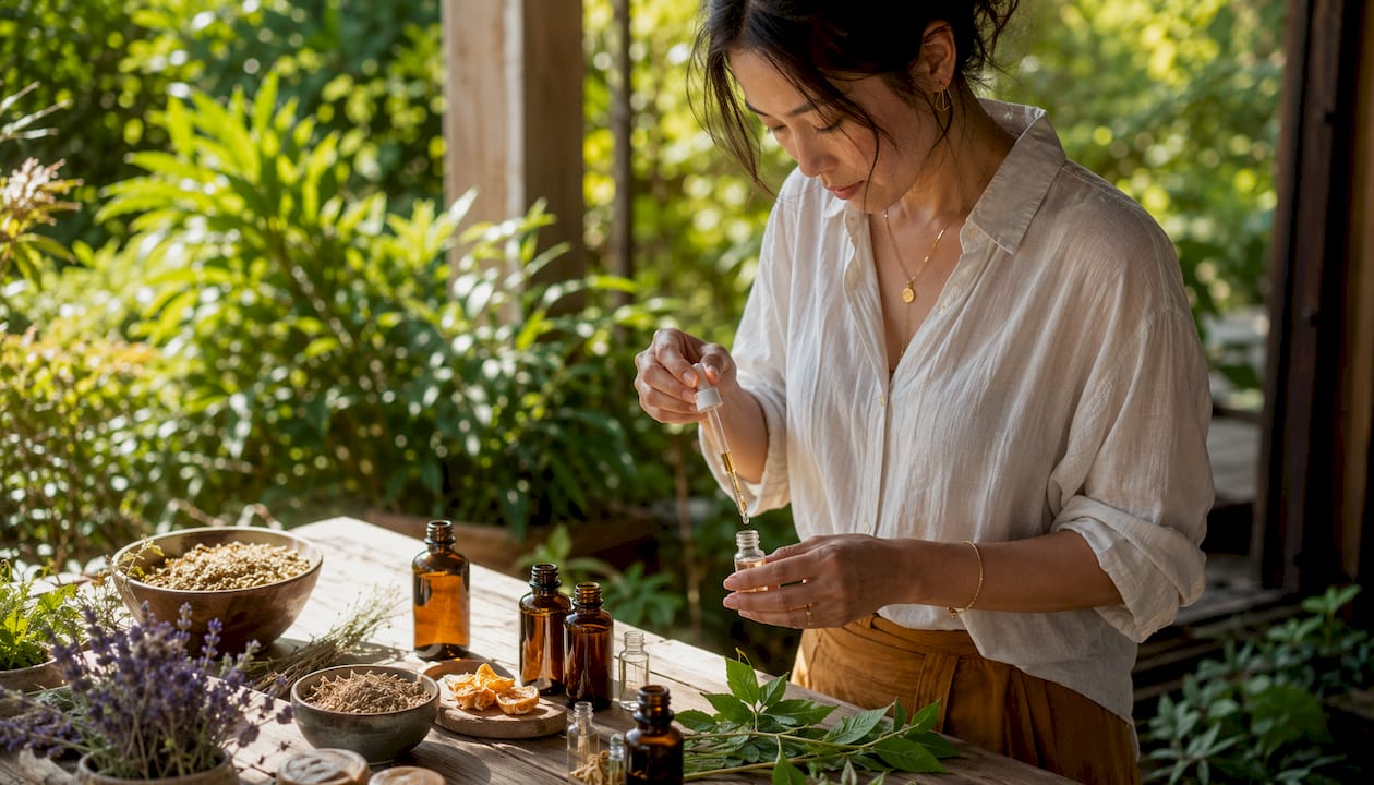Hands mixing ingredients for gender neutral fragrance