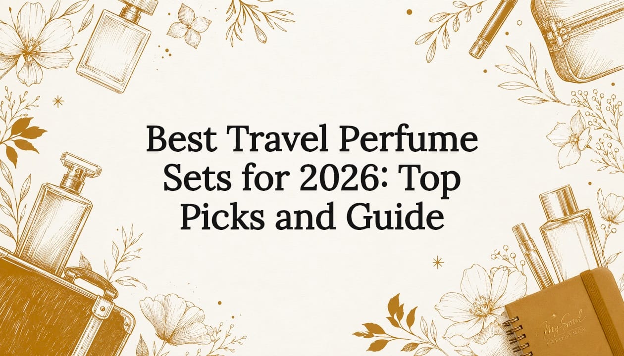 Decorative hand-drawn illustration framing travel perfume sets title card with botanicals and perfume bottles