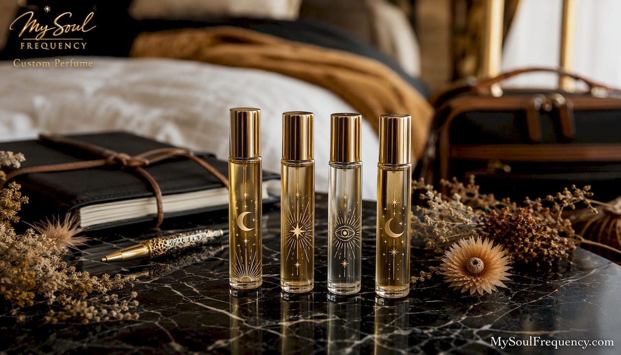 Personalized travel perfume bottles on table