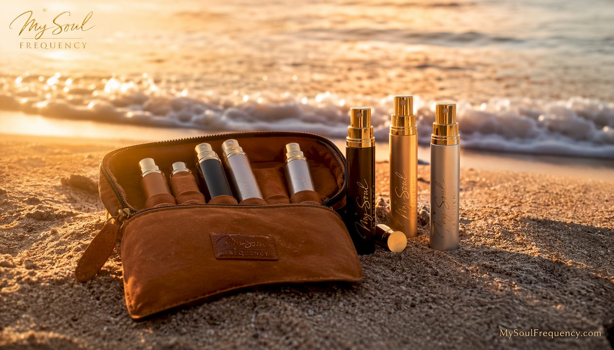 Luxury travel perfume spray set with pouch and logos visible