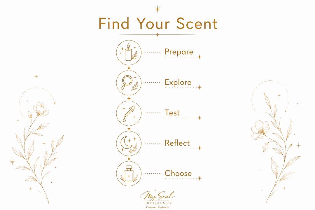 A guide to discovering your perfect fragrance with steps to prepare, explore, test, reflect, and choose, beautifully illustrated with floral designs