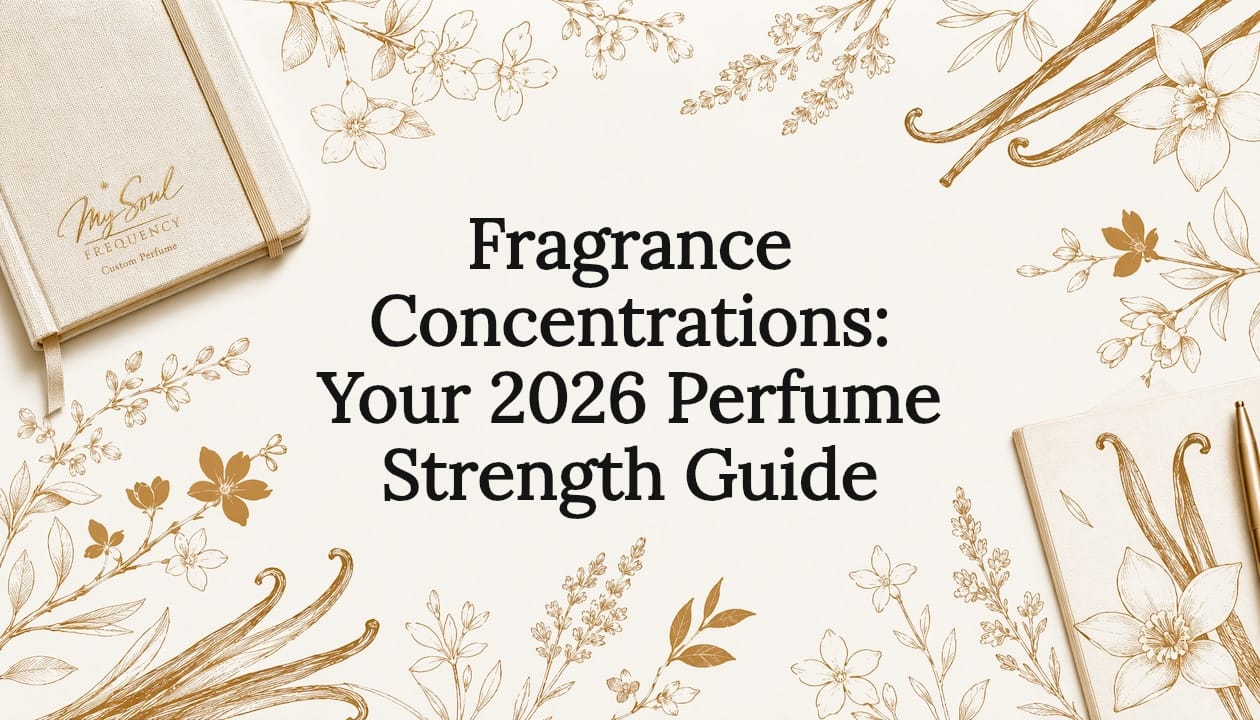 Discover the 2026 guide to perfume strengths with "Fragrance Concentrations." Explore personalized scents amidst an elegant floral design