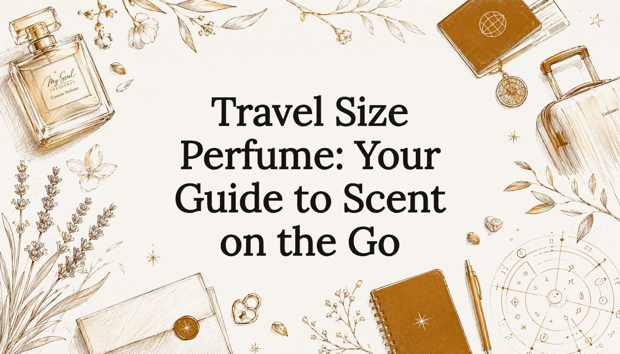 Decorative illustrated title card for travel size perfume article with brand logo and botanical elements.