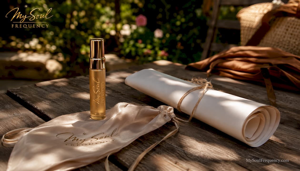 Travel size perfume spray bottle on wooden table with pouch and packing list.