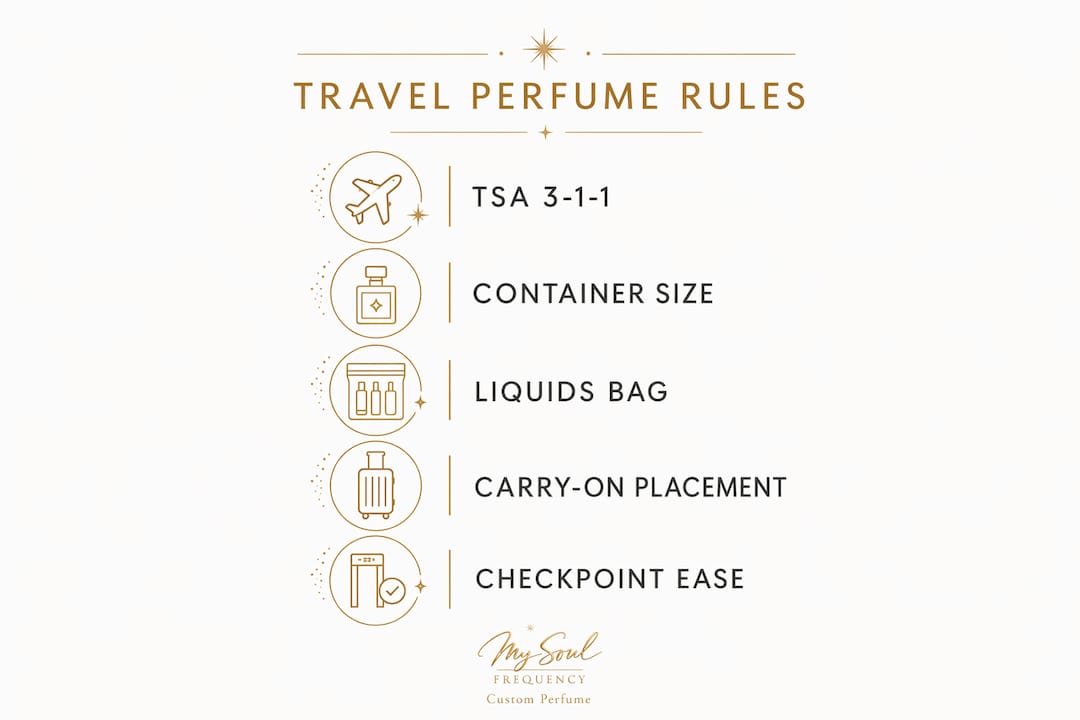 Infographic illustrating TSA rules for carrying perfume in travel-sized containers.