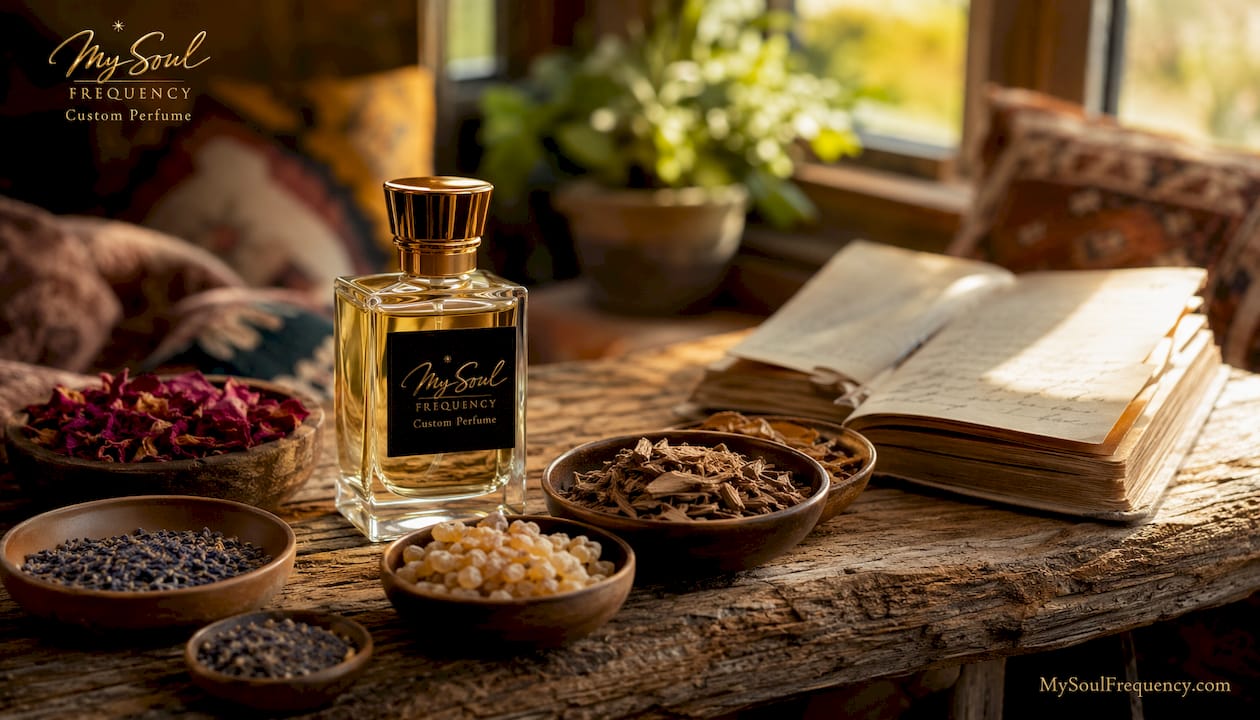 A cozy setting showcasing My Soul Frequency™ custom perfume bottle
