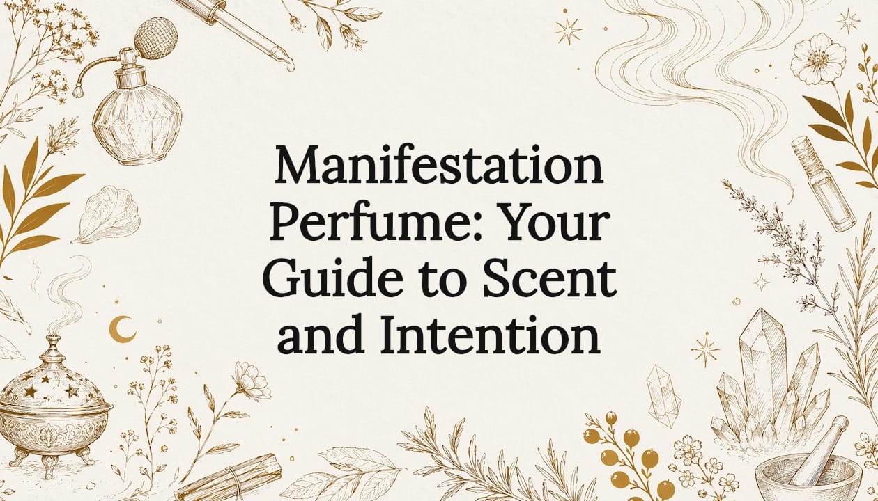 Explore the enchanting world of fragrances with Manifestation Perfume: Your Guide to Scent and Intention, featuring mystical illustrations of aromatic elements and natural symbols
