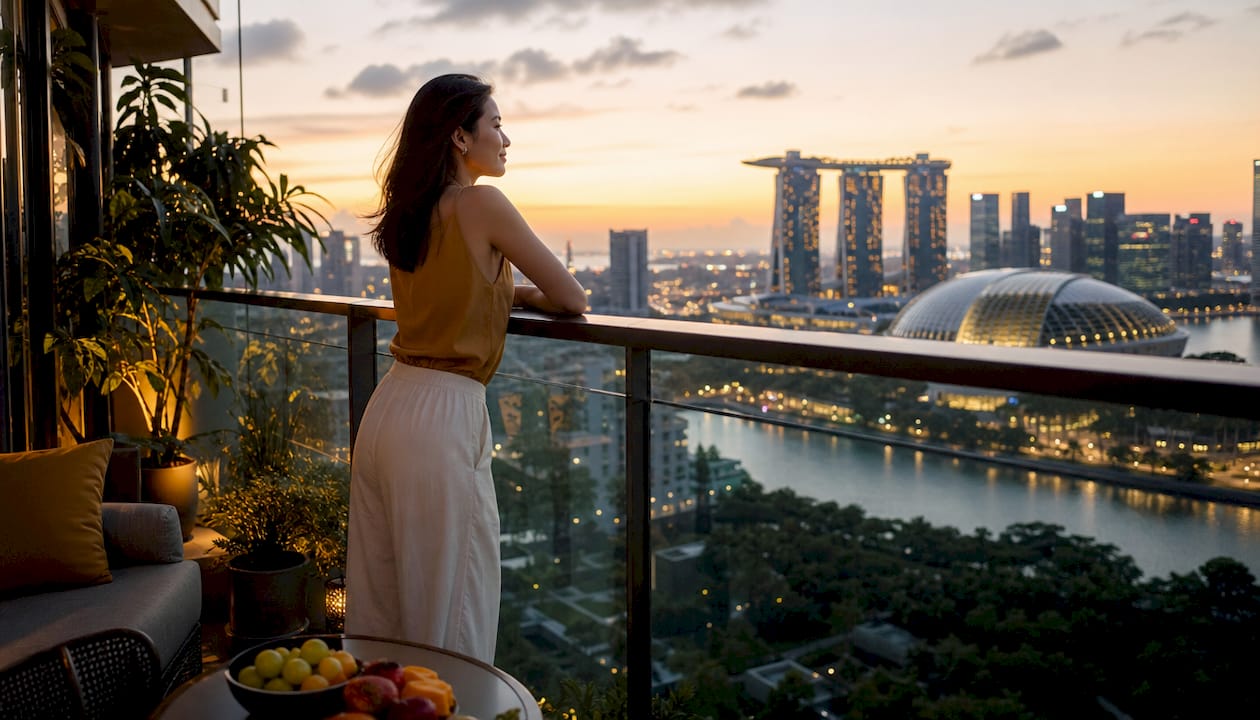 Resident on balcony overlooking pool and city view