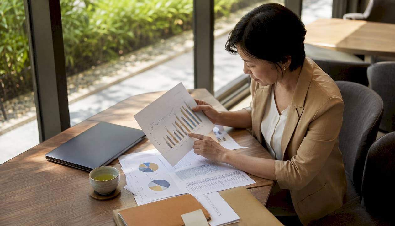 Woman analyzing condo rental yield charts
