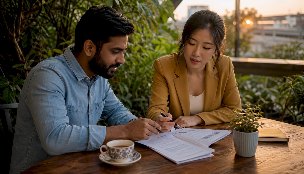 Two professionals discussing rental investments