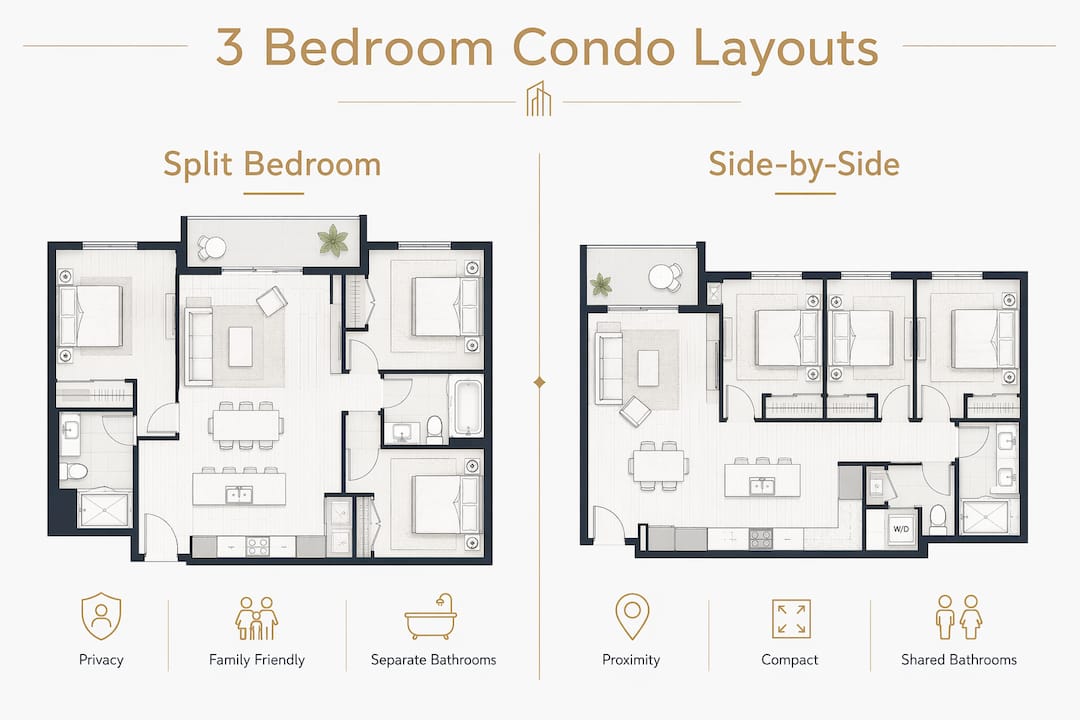 Infographic comparing split bedroom and side-by-side condo layouts