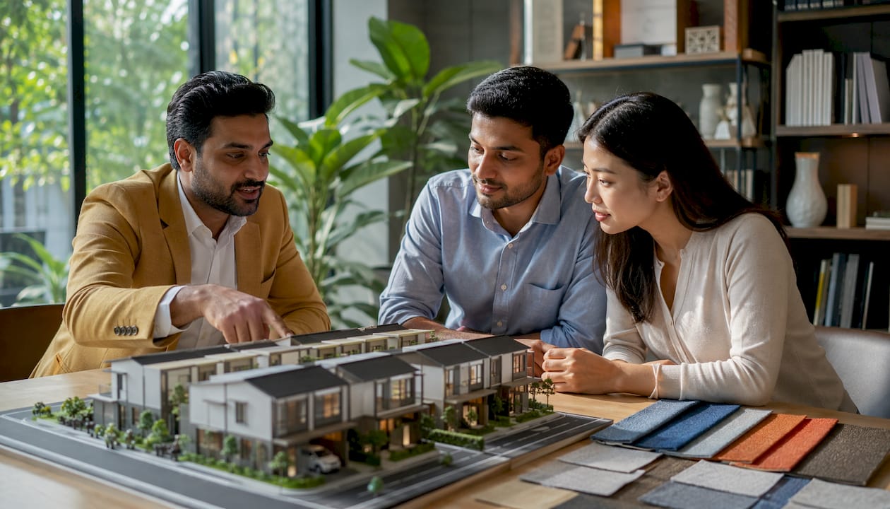 Agent showing home type models to clients