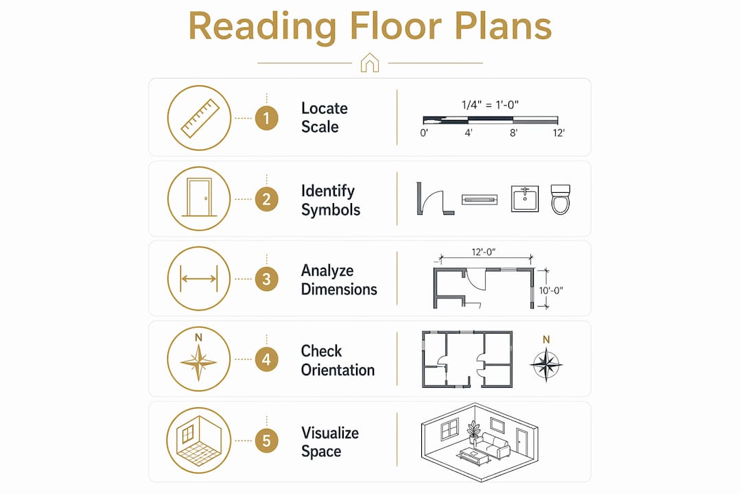 Infographic illustrating floor plan reading steps