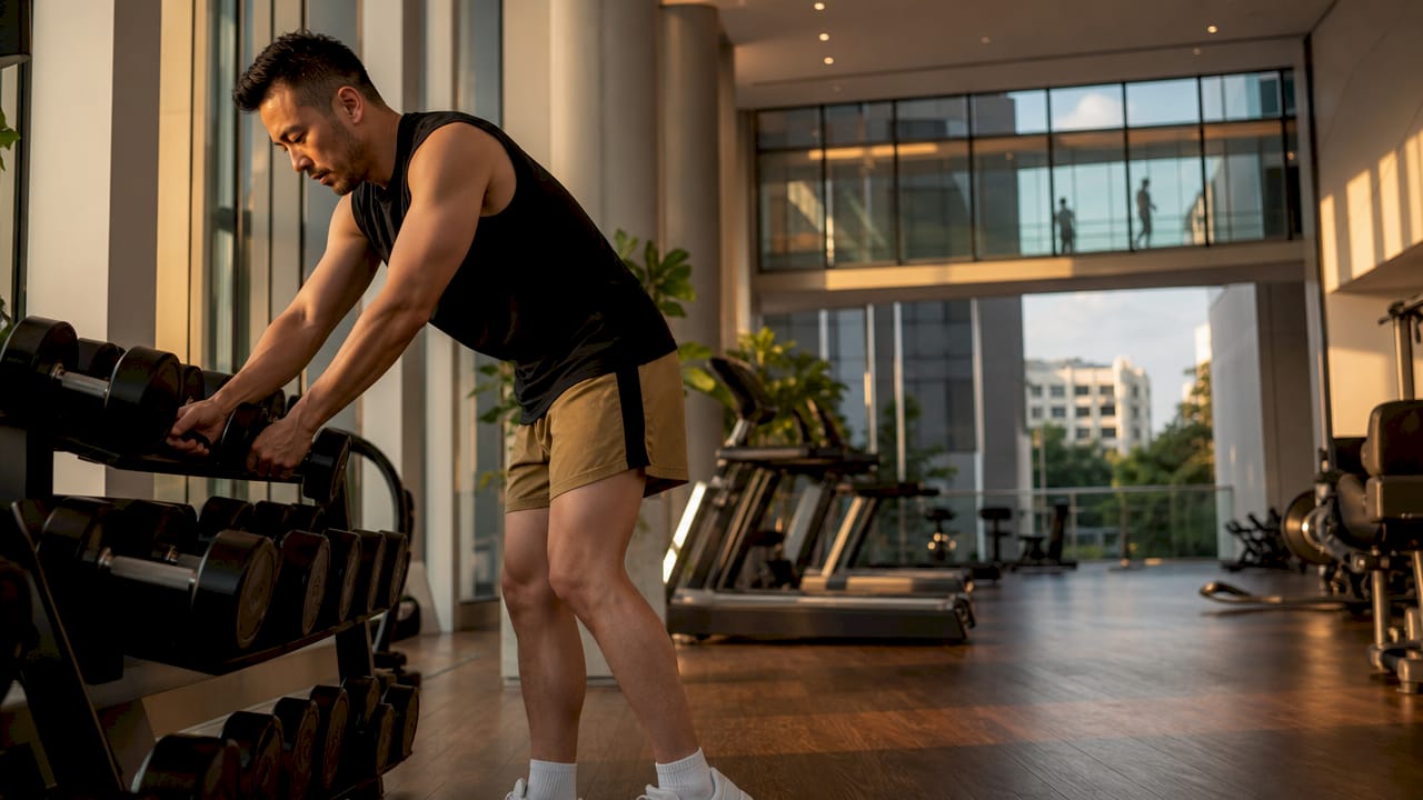 Aurea condo gym with link bridge and man working out