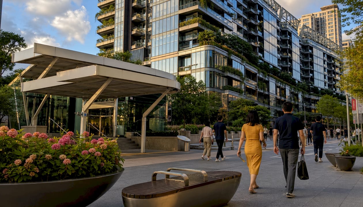 Southbank condo and nearby MRT entrance outdoors