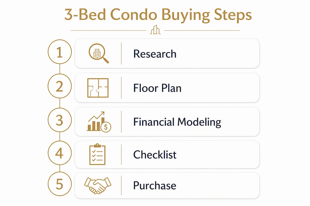 Infographic illustrating 3-bedroom condo buying steps