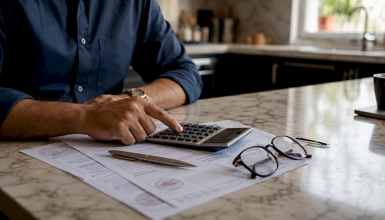 Hands calculating stamp duty on financial papers