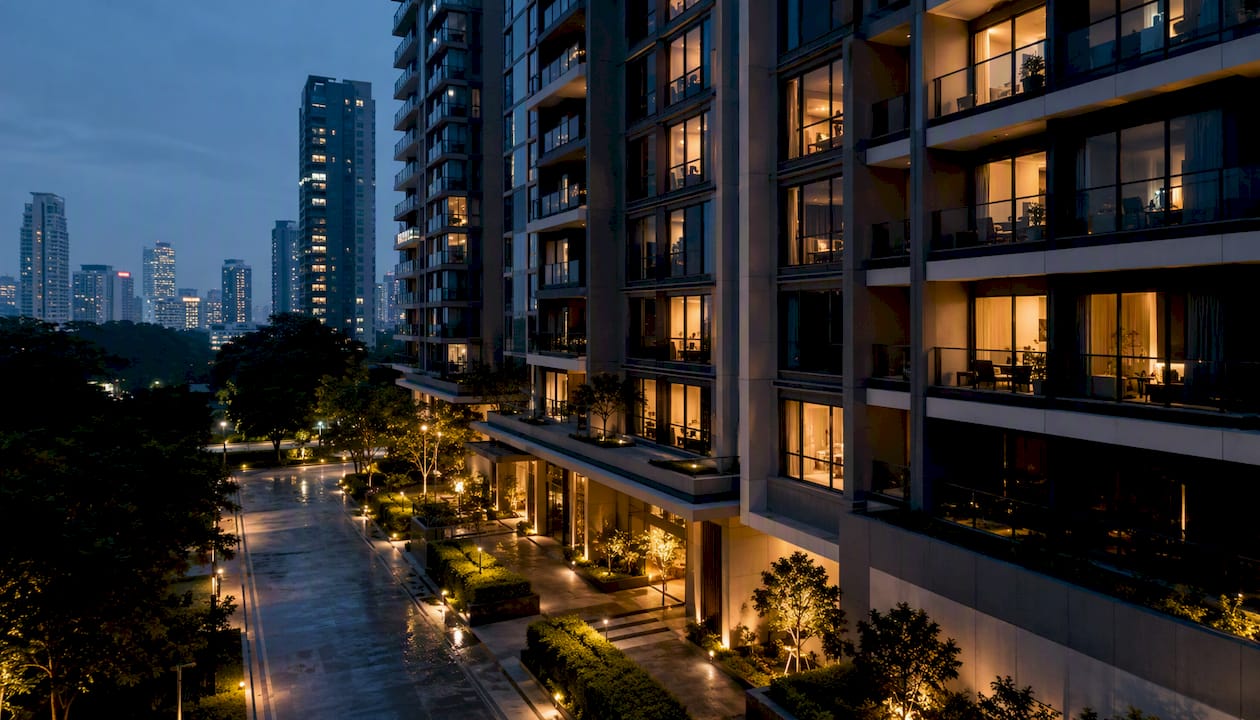 Modern Singapore condominium exterior at dusk