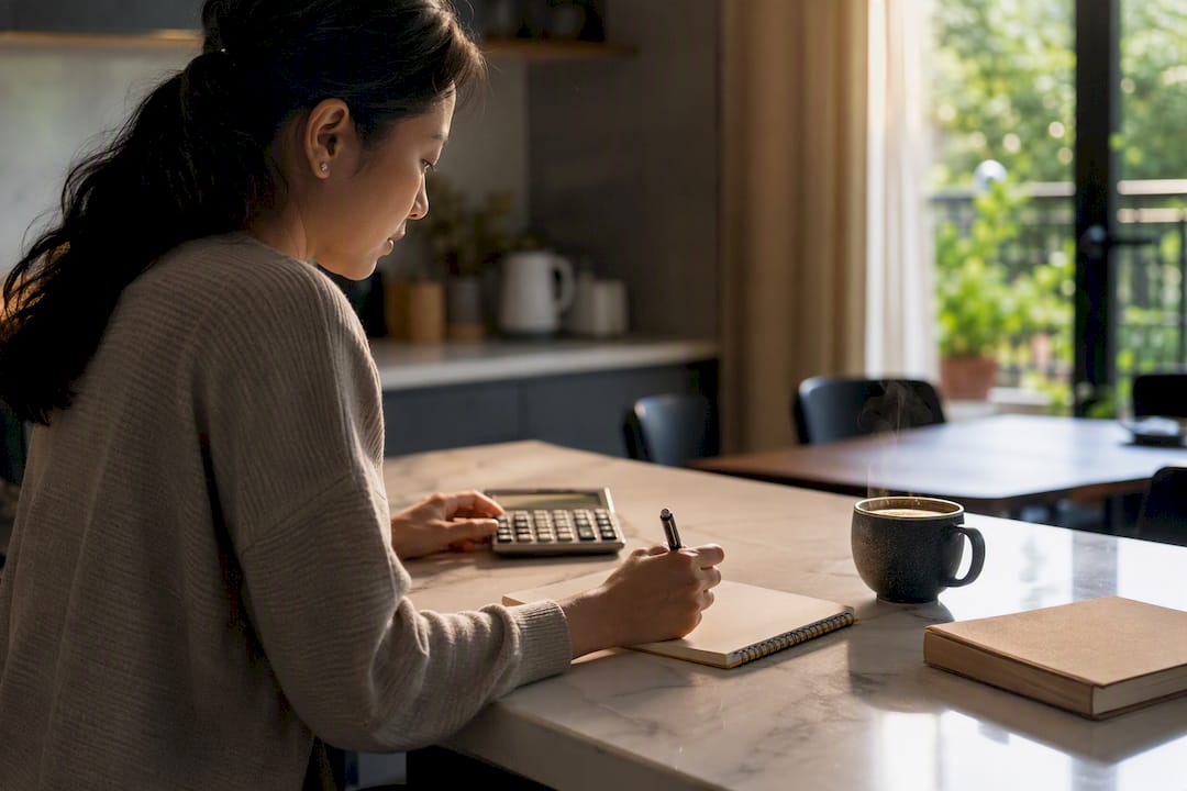 Household budgeting items on table