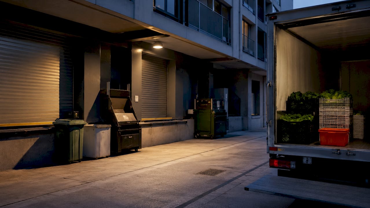 Mixed-use loading dock before sunrise