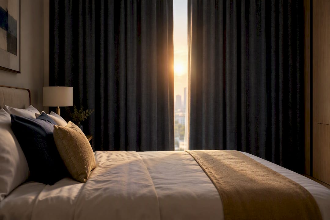 Blackout curtains filtering bright morning sun