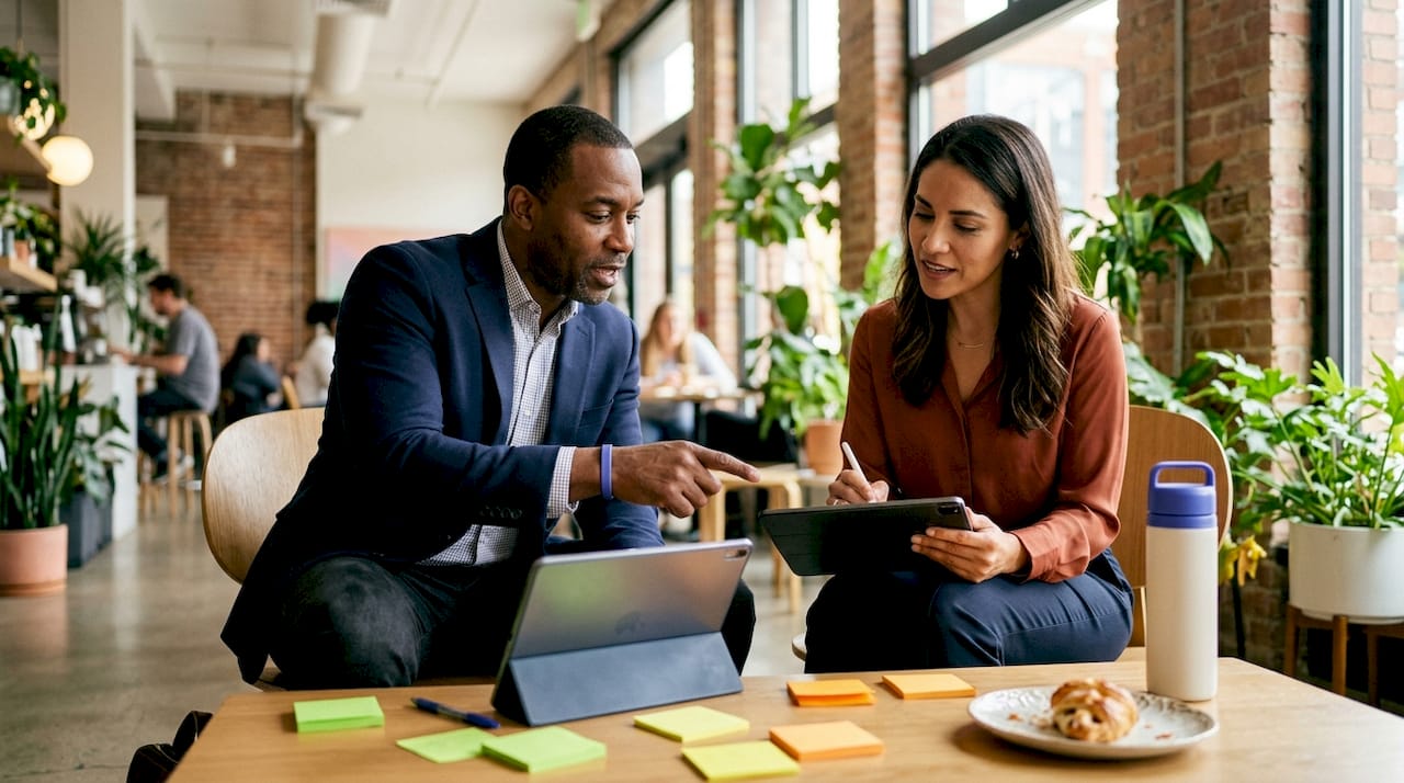 Two salespeople exchanging ideas using live data