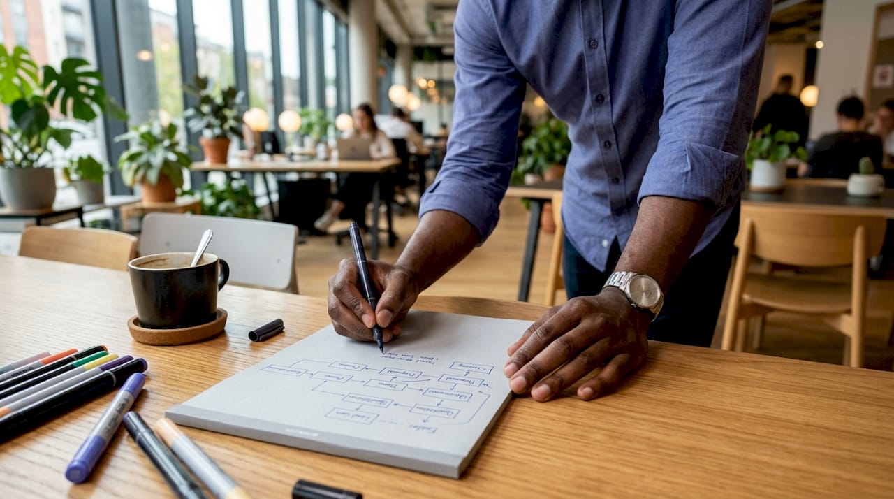 Close-up hands writing sales workflow notes