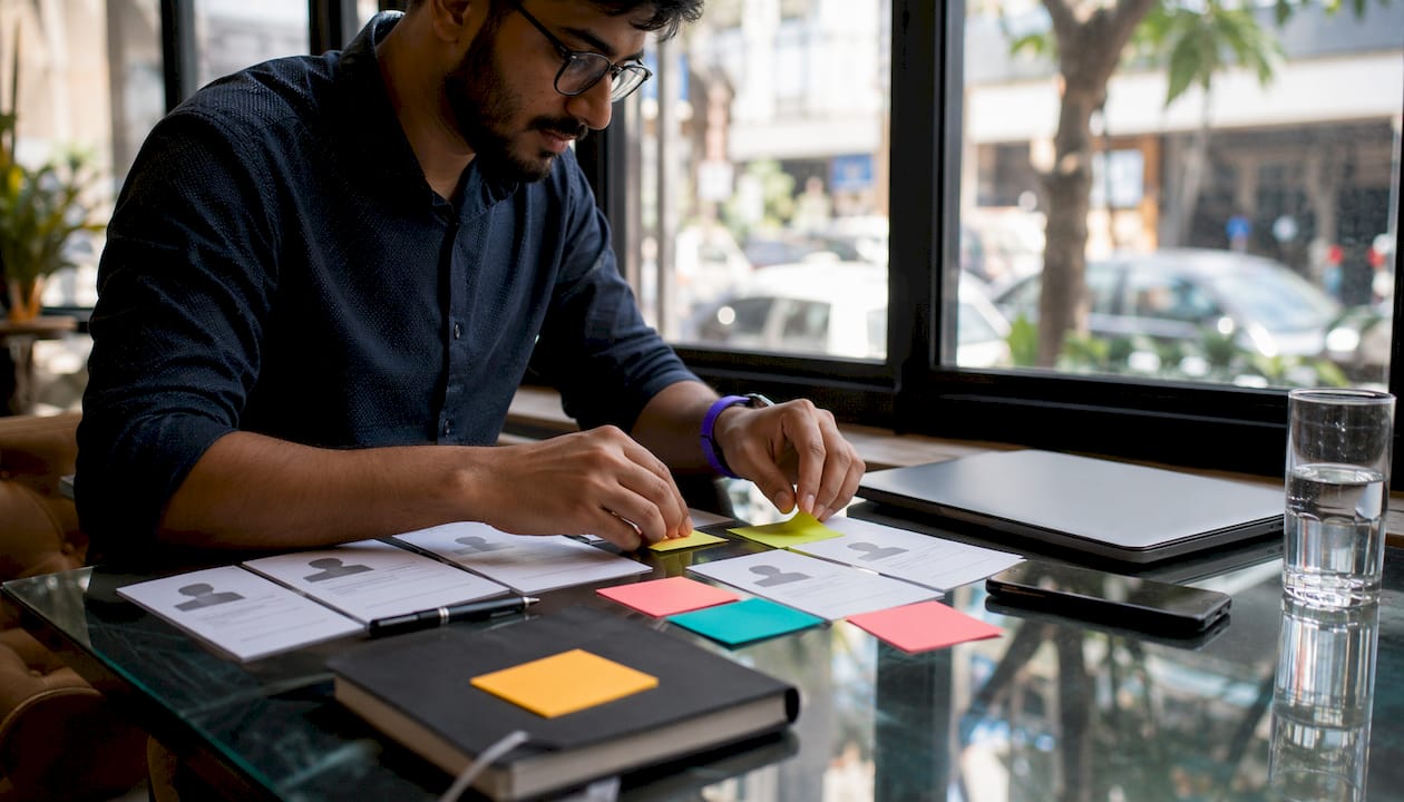 Sales rep organizing outreach materials on desk