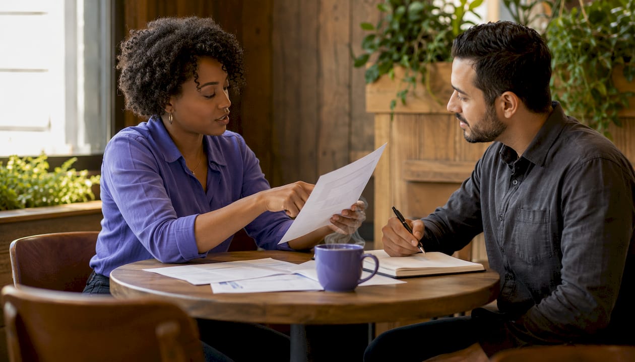 Two colleagues comparing AI meeting tools
