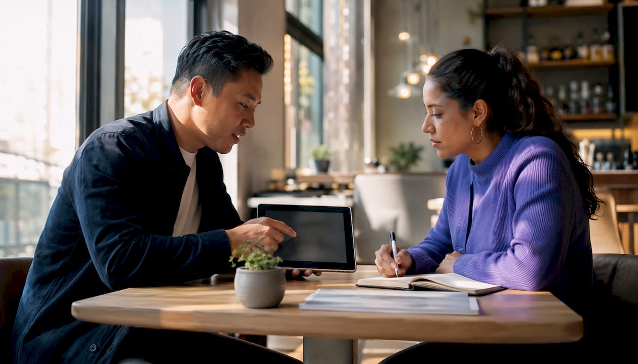 Sales manager coaching rep with call playback laptop