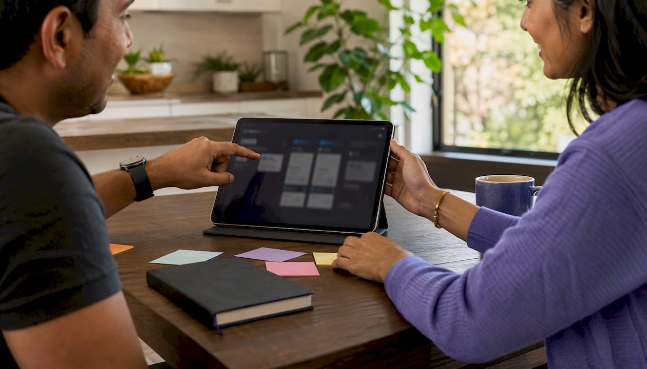 Hands using AI guided selling on tablet