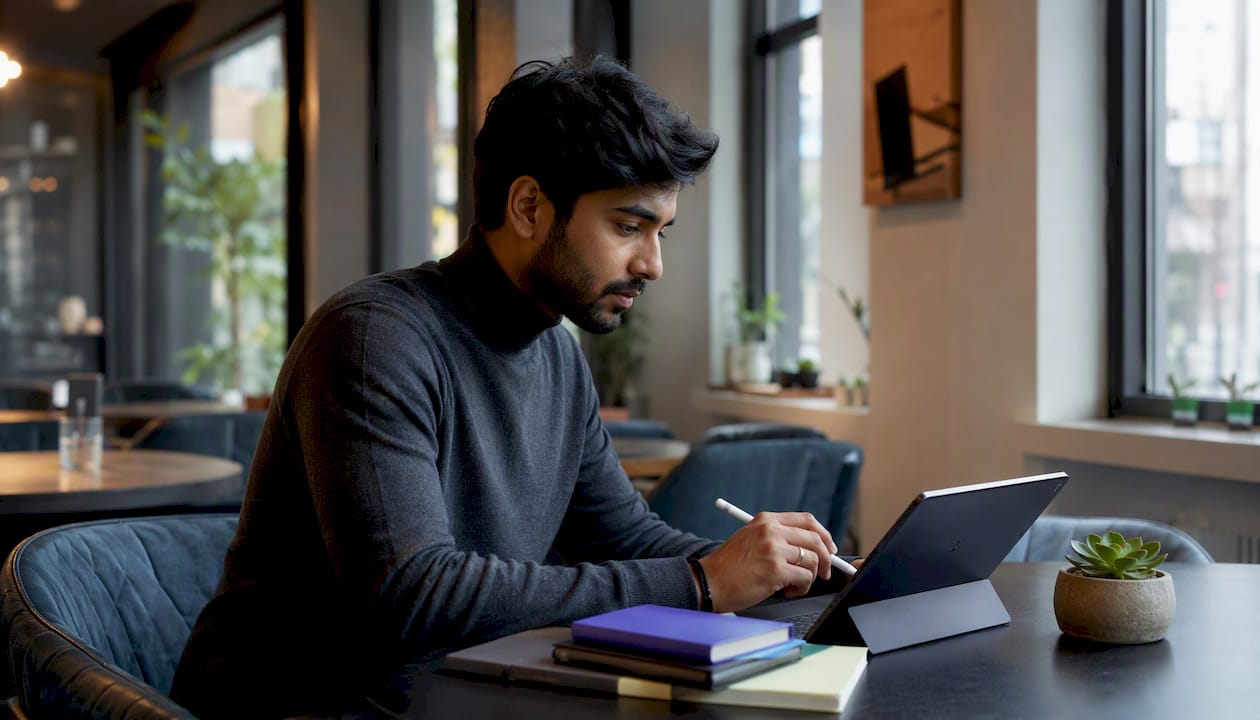 Hands using tablet for HTML demo authoring