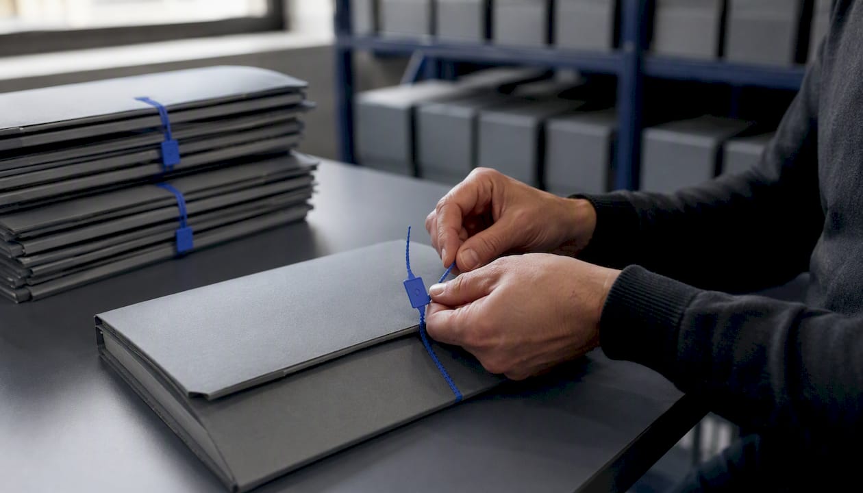 Hands sealing archival folders with evidence tags