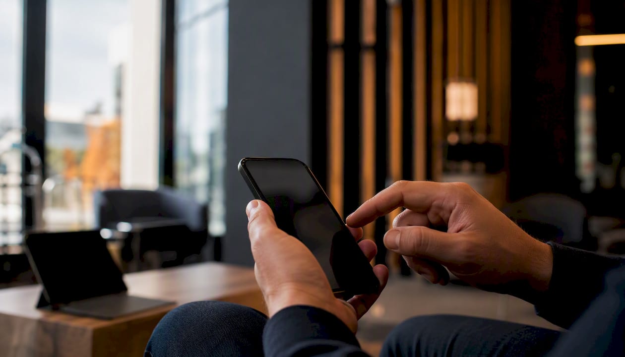 Hand interacting with mobile device in sales demo context