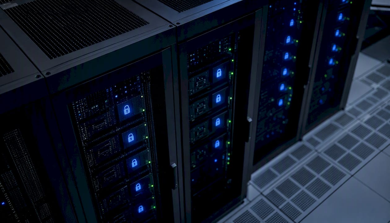 Close-up of secure encrypted server racks
