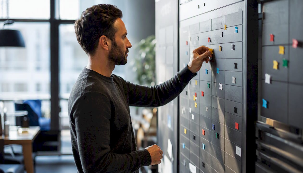 Hand placing flags on deal tracking board
